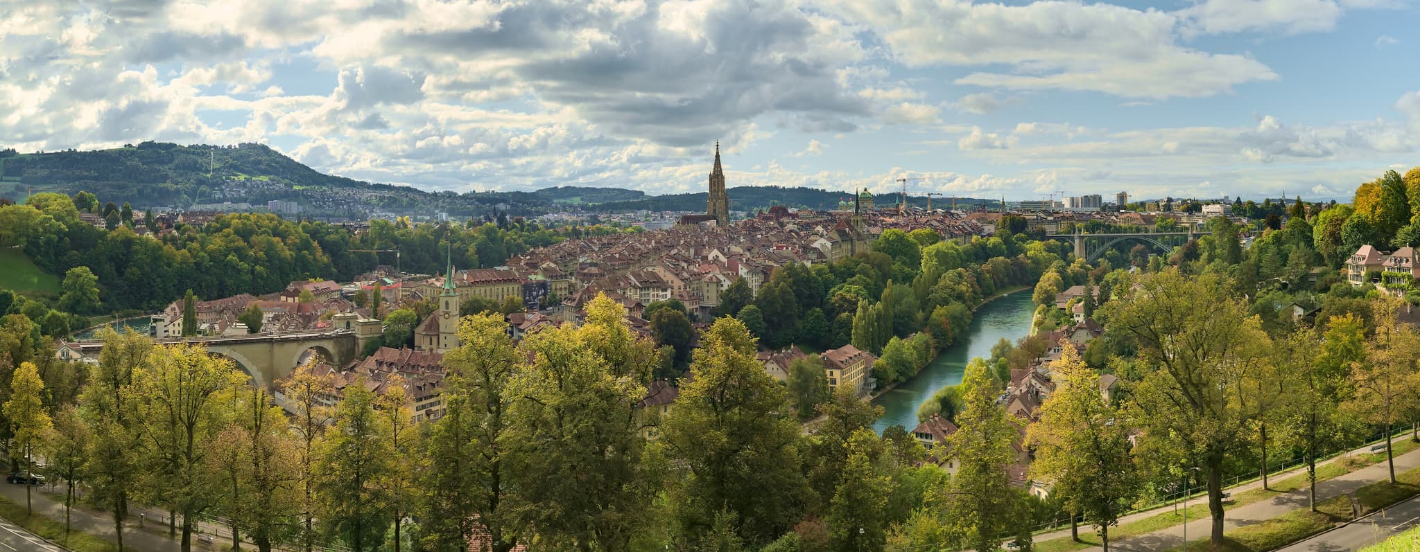 View over the old town of Bern with the Minster and the bend of the Aare